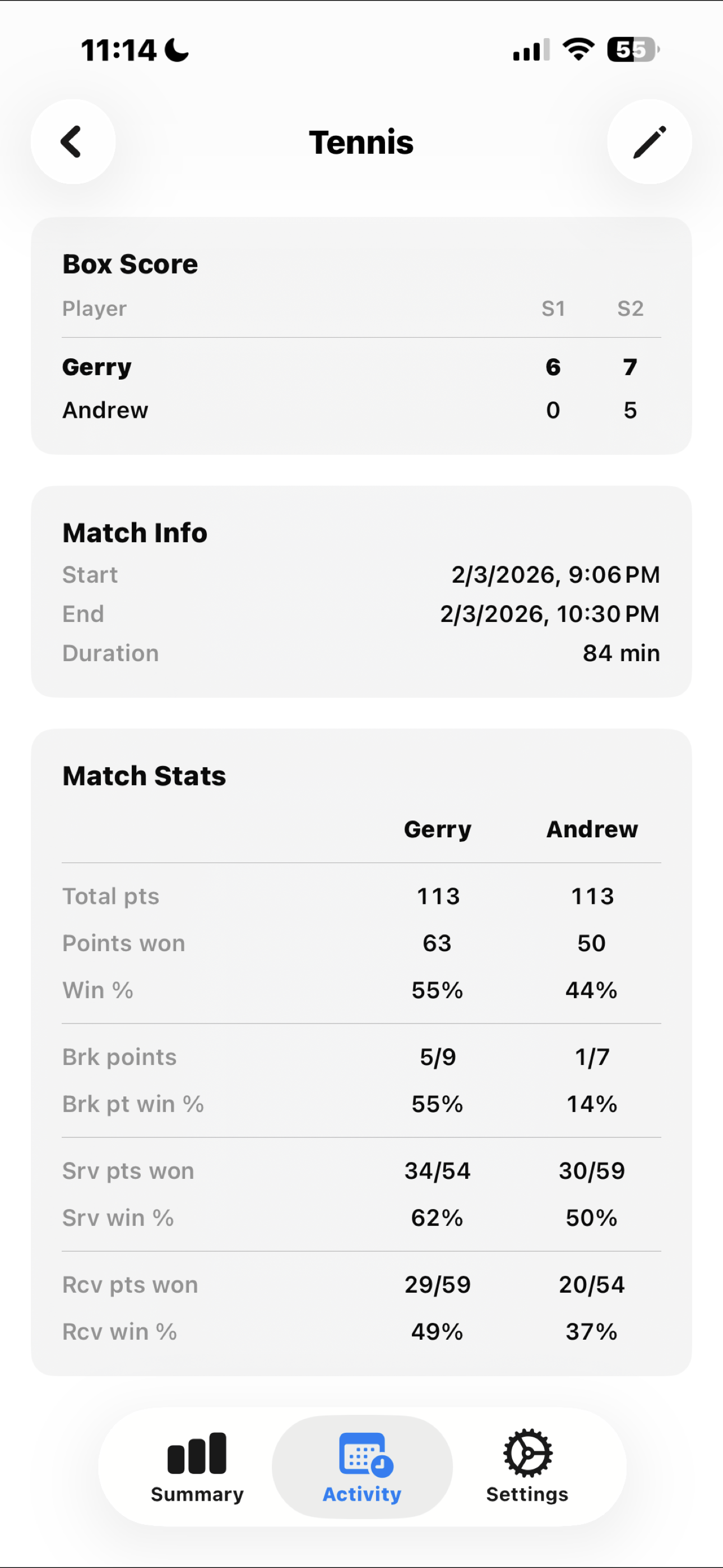 Detailed match statistics on iPhone